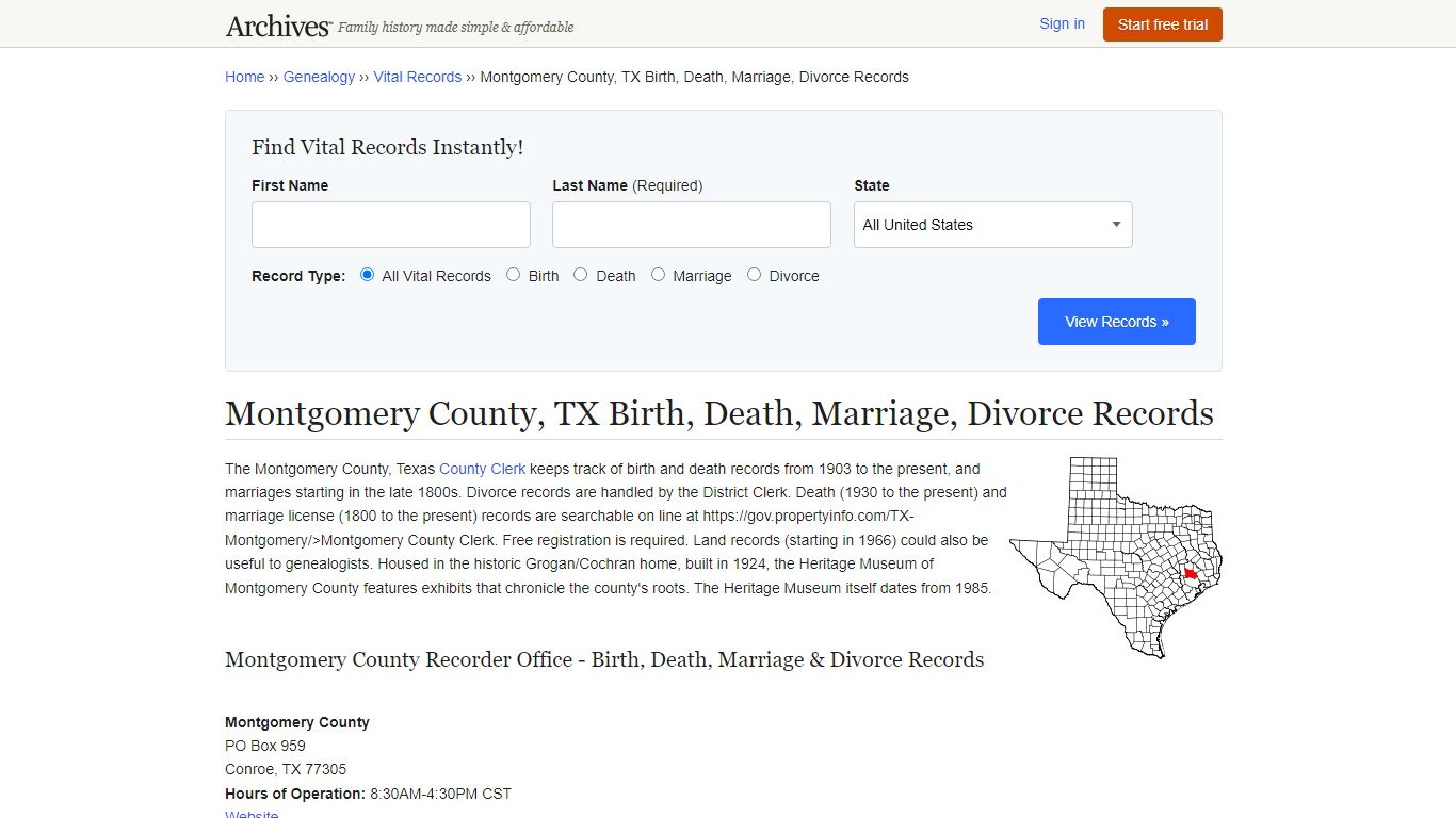 Montgomery County, TX Birth, Death, Marriage, Divorce Records